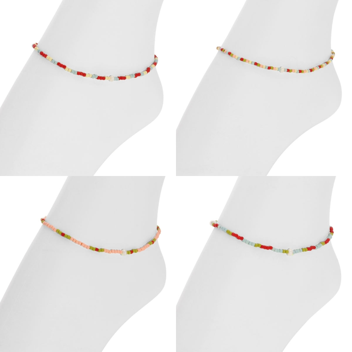 Set/12 Assorted 2mm Stretch Seed Bead Anklets with Pearl Accents