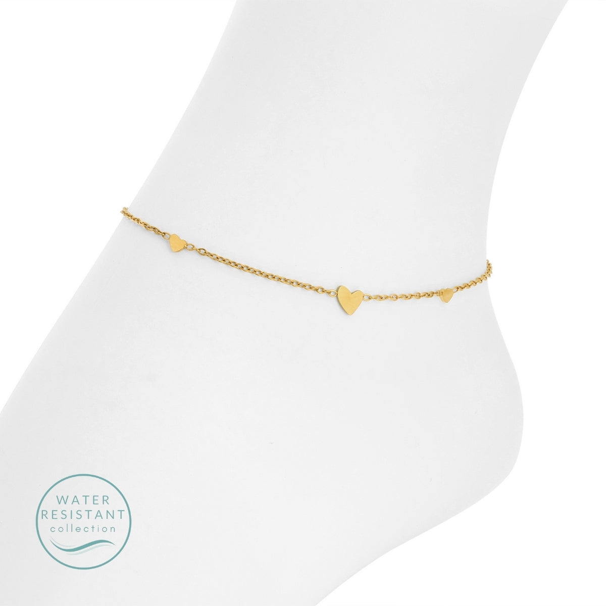 Gold anklet with heart-shaped charms on a white background