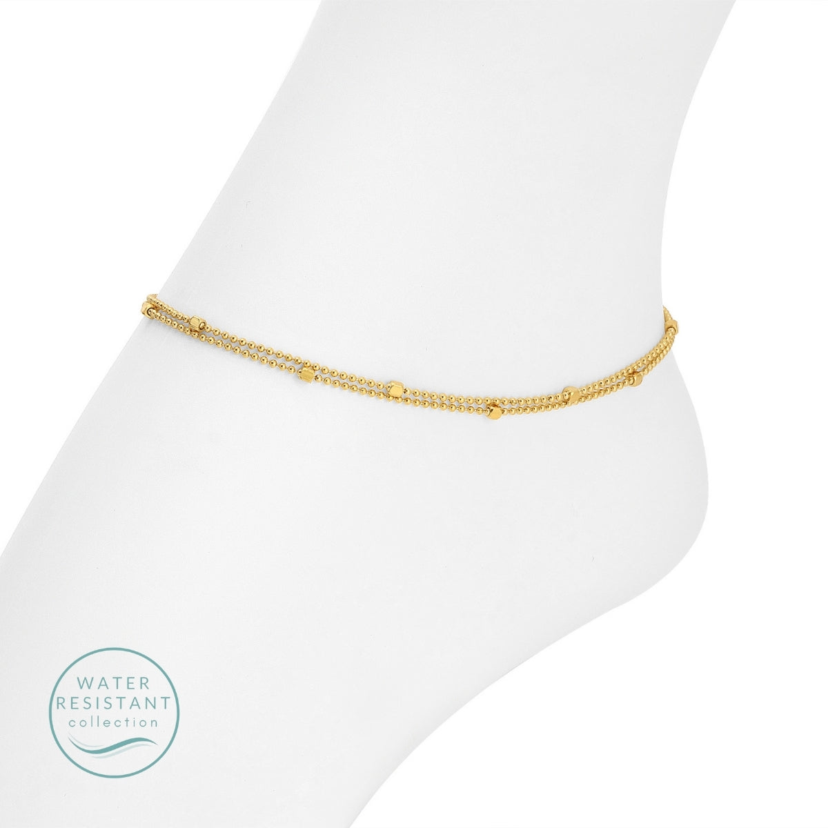 Gold anklet on a white background with 'Water Resistant' logo.