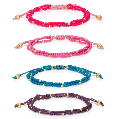 Set/12 Assorted 2mm triple layer adustable seed bead bracelets with gold bead accents