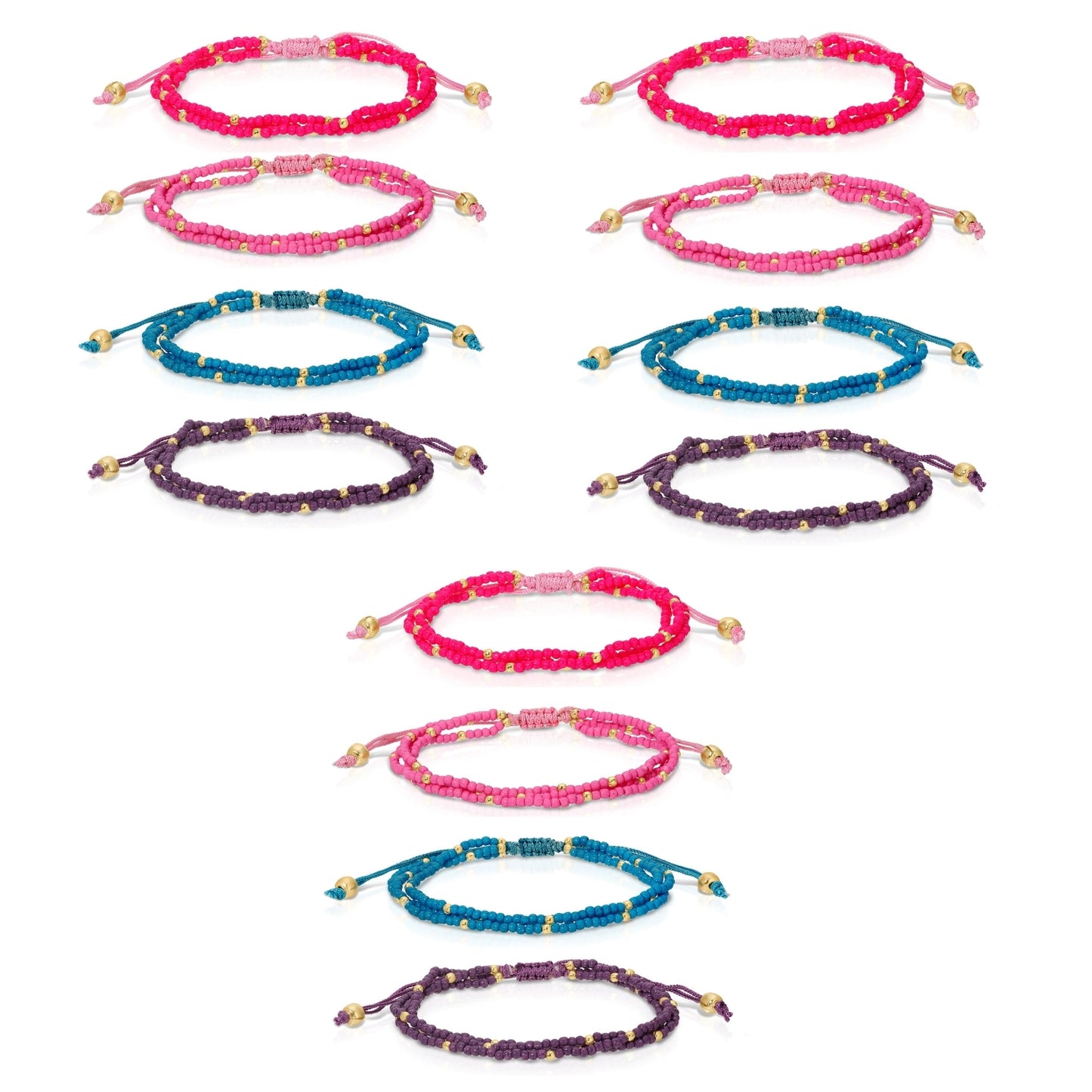 Set/12 Assorted 2mm triple layer adustable seed bead bracelets with gold bead accents