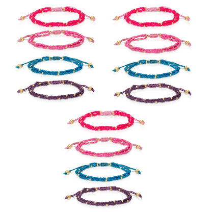 Set/12 Assorted 2mm triple layer adustable seed bead bracelets with gold bead accents