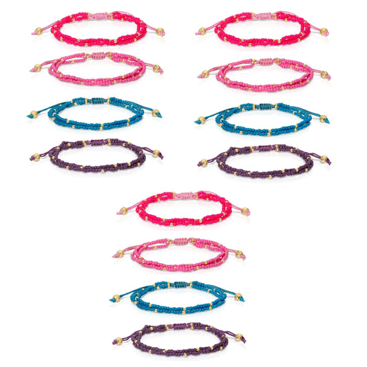 Set/12 Assorted 2mm Triple Layer Adjustable Seed Bead Bracelets with Gold Bead Accents