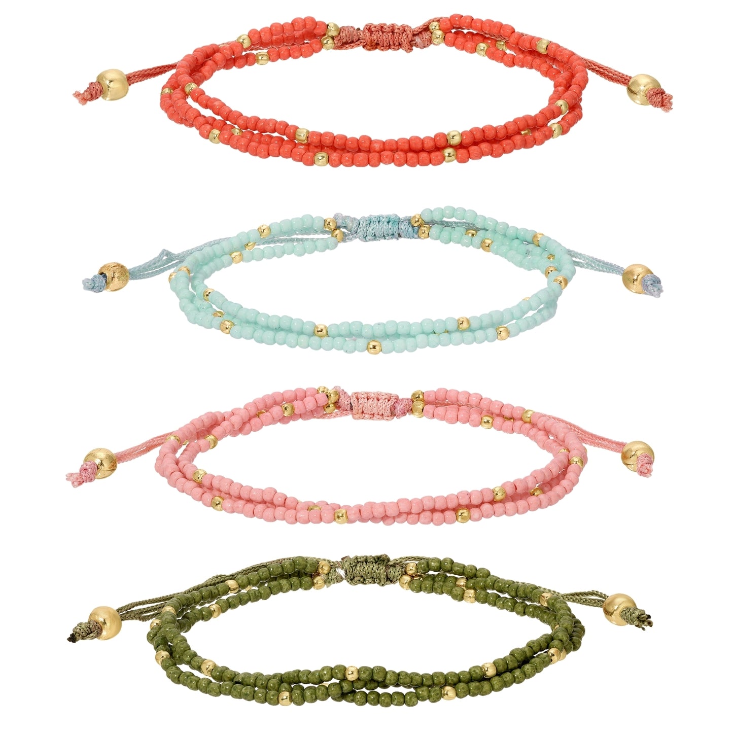 Set/12 Assorted 2mm triple layer adustable seed bead bracelets with gold bead accents