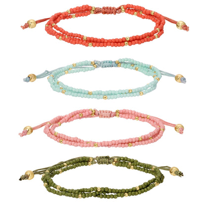 Set/12 Assorted 2mm triple layer adustable seed bead bracelets with gold bead accents