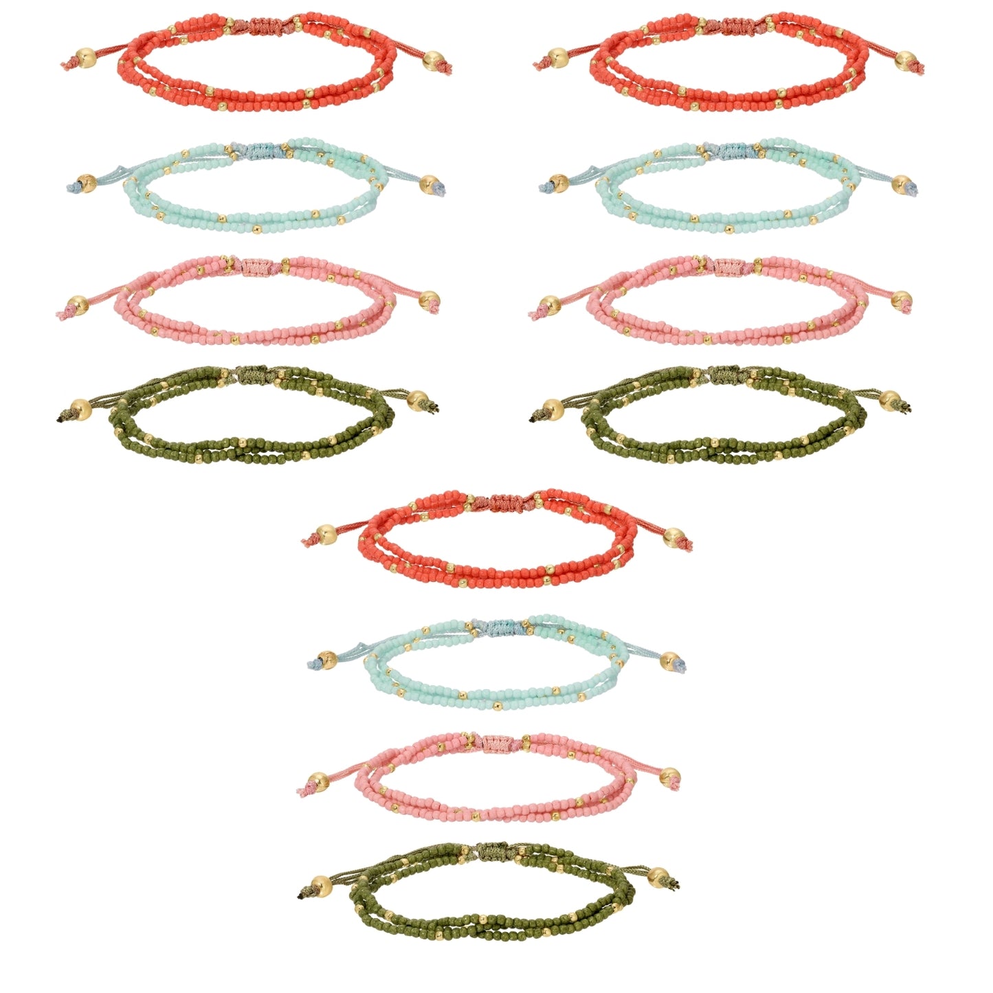 Set/12 Assorted 2mm triple layer adustable seed bead bracelets with gold bead accents