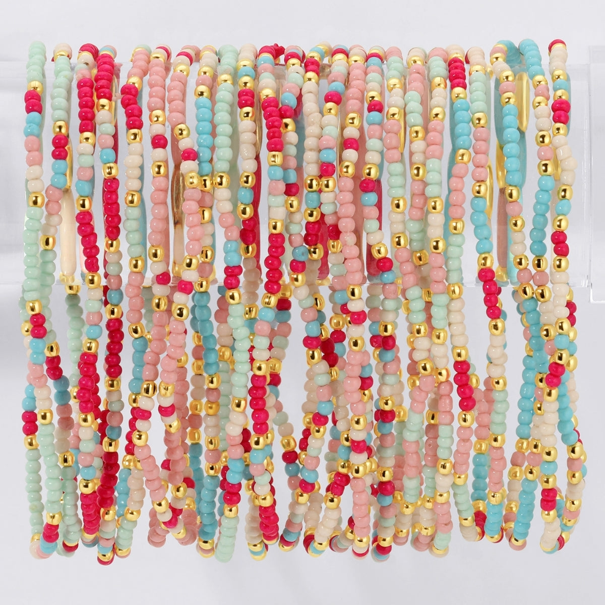 Set/24 Assorted 2mm Stretch Seed Bead Bracelets with Gold Bead Accents