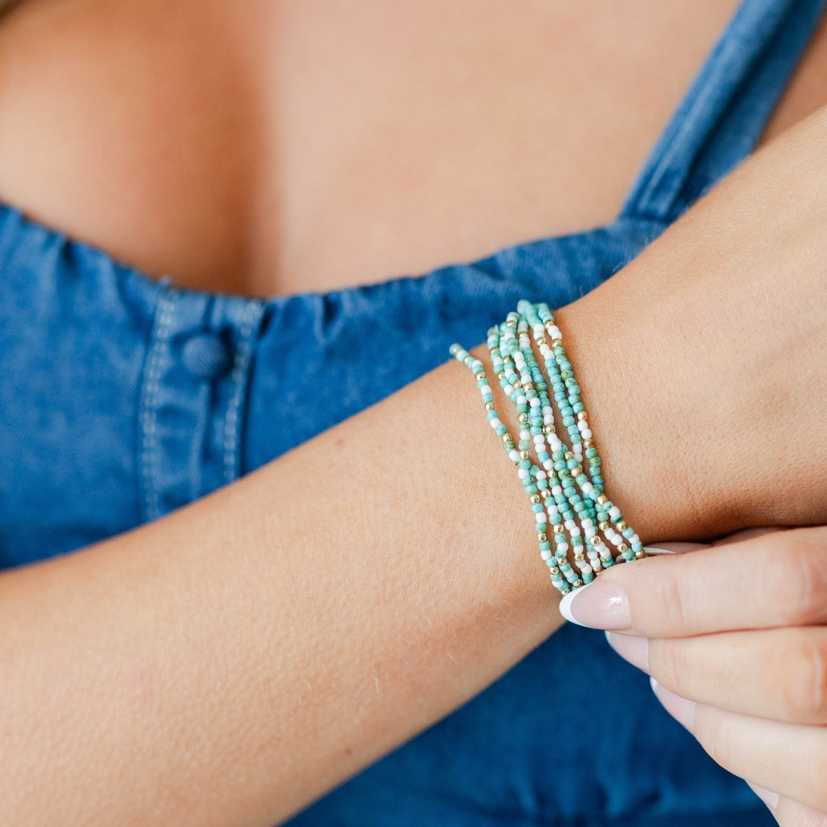 Set/24 Faux Stone Assorted 2mm stretch Seed Bead bracelets with gold bead accents