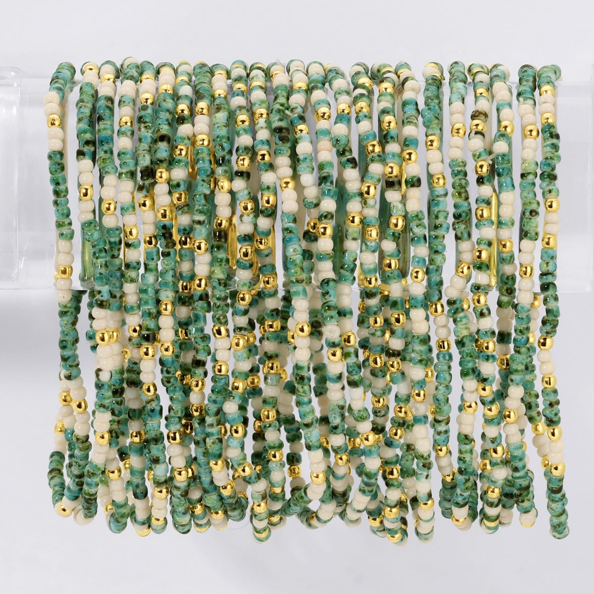 Set/24 Faux Stone Assorted 2mm stretch Seed Bead bracelets with gold bead accents