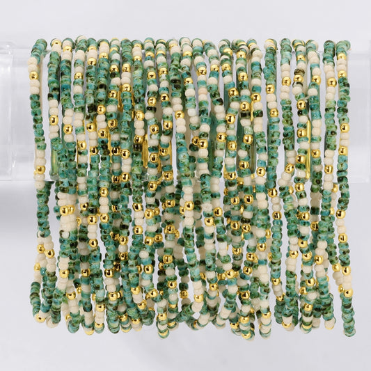 Set/24 Faux Stone Assorted 2mm stretch Seed Bead bracelets with gold bead accents