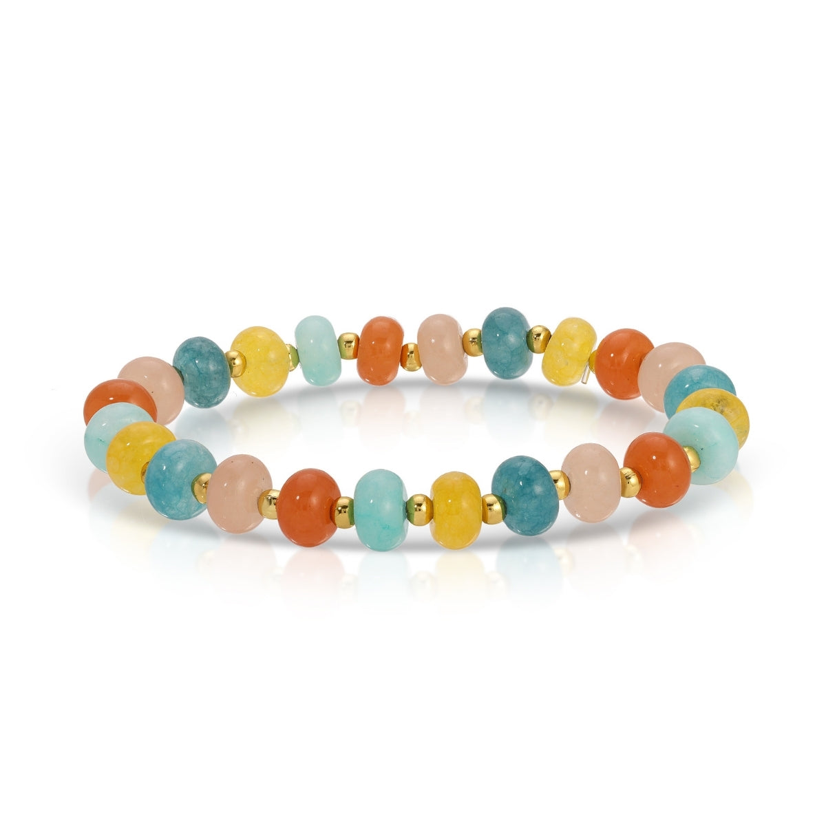 Multicolored beaded bracelet with gold accents on a white background