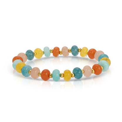 Multicolored beaded bracelet with gold accents on a white background