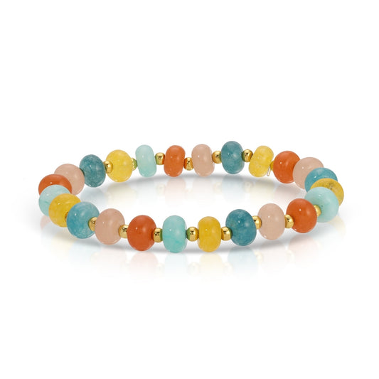 Multicolored beaded bracelet with gold accents on a white background