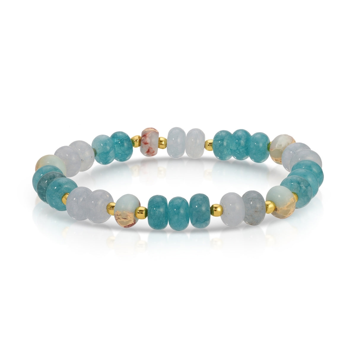 Beaded bracelet with turquoise, white, and gold beads on a white background
