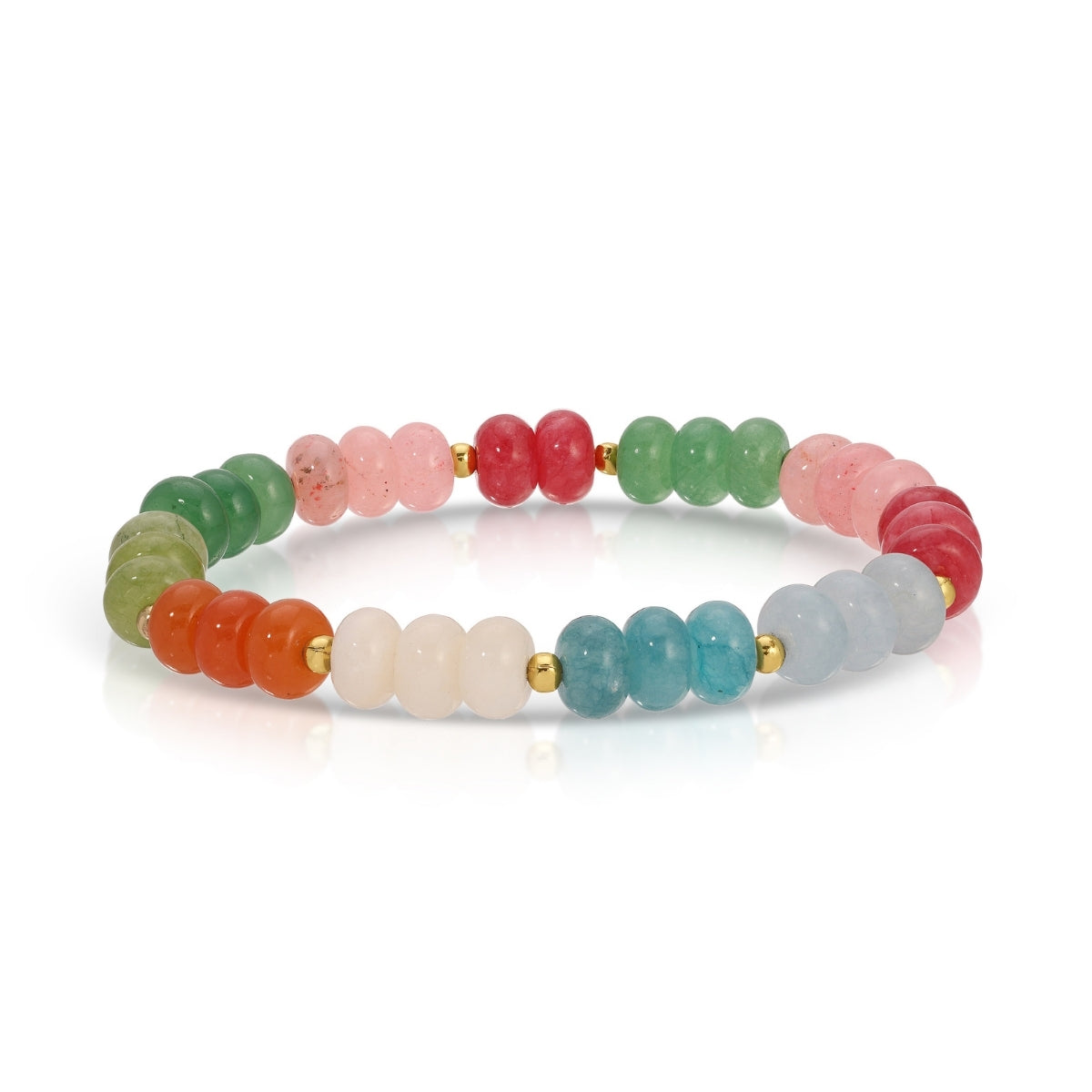 Multicolored beaded bracelet with gold accents on a white background