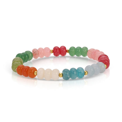 Multicolored beaded bracelet with gold accents on a white background