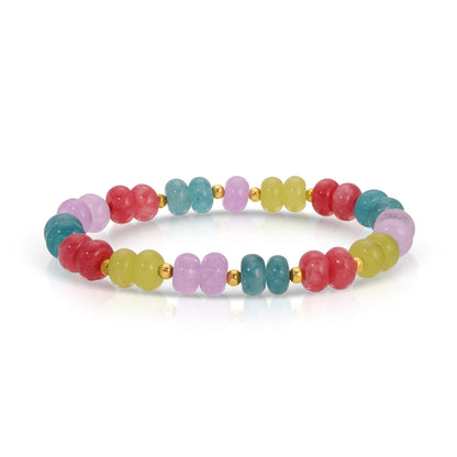 Multicolored beaded bracelet with gold accents on a white background
