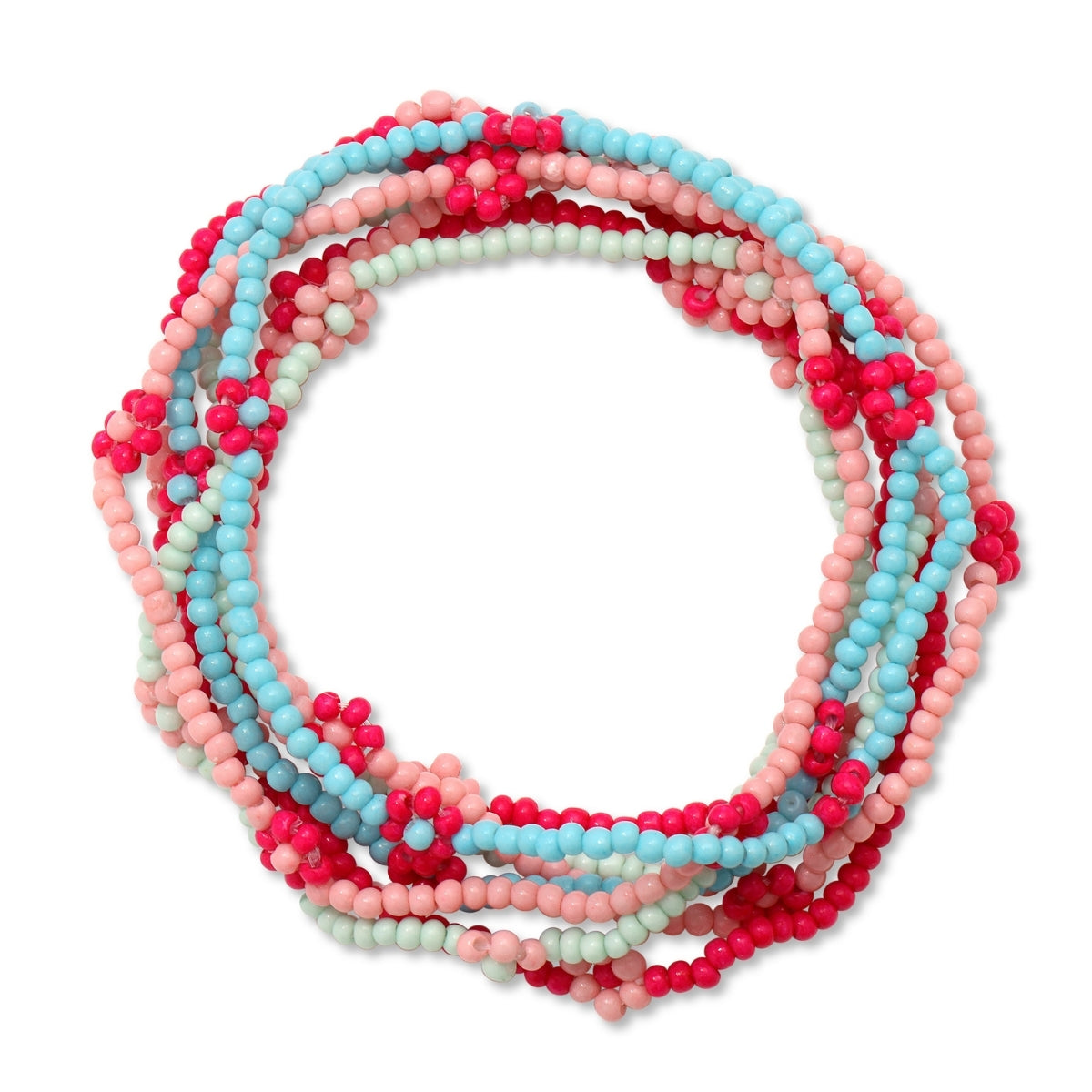 Stack of pink and blue beaded bracelets on a white background