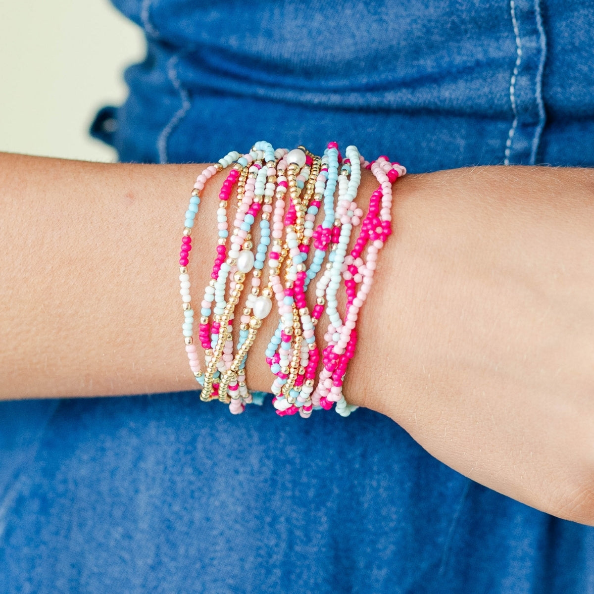 Set/24 Assorted 2mm Stretch Seed Bead Bracelets with Flowers