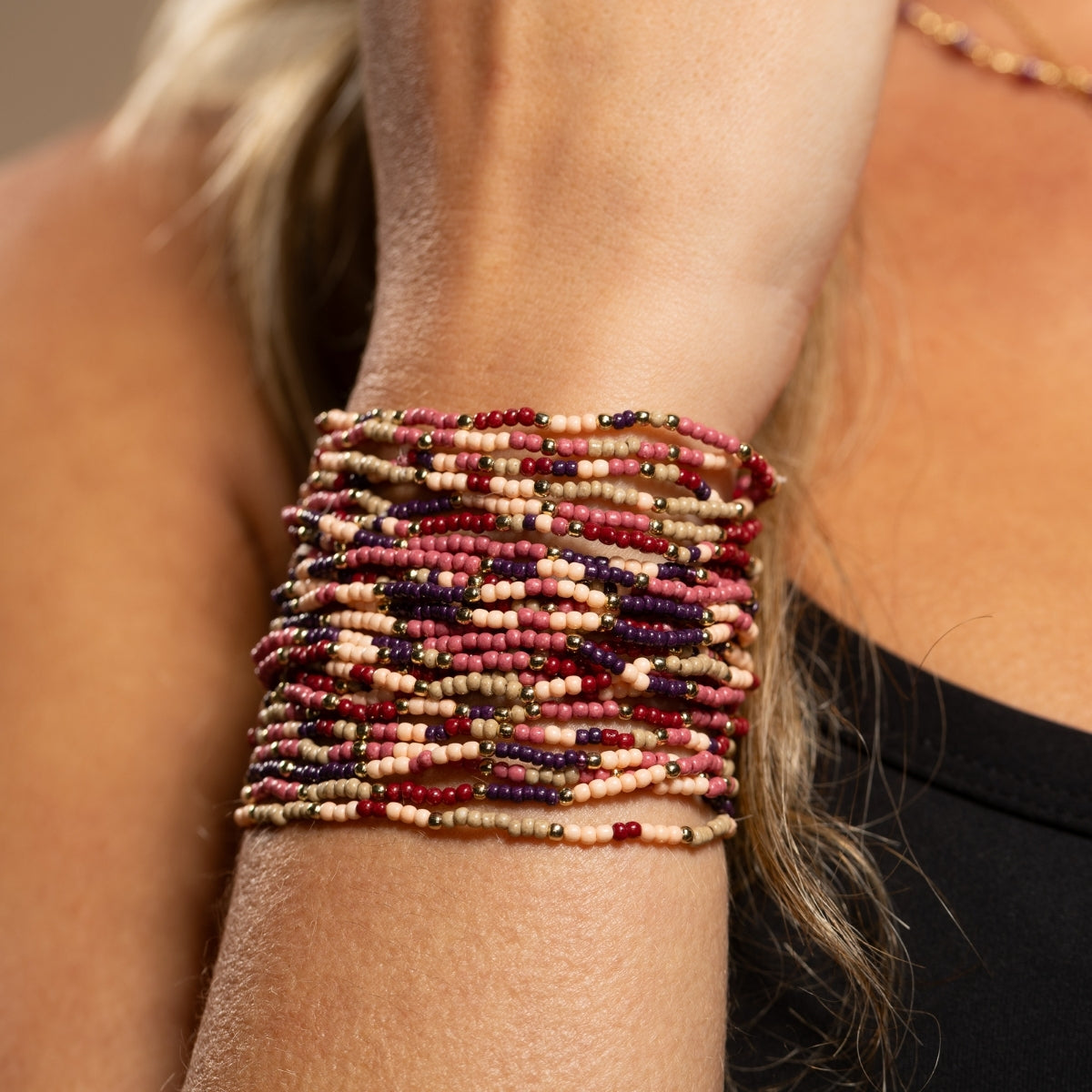 Set/24 Assorted 2mm Stretch Seed Bead Bracelets with Gold Bead Accents