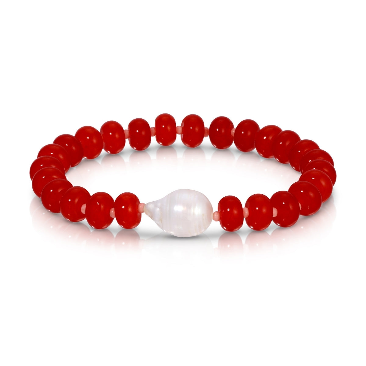 Red beaded bracelet with a central white pearl on a white background