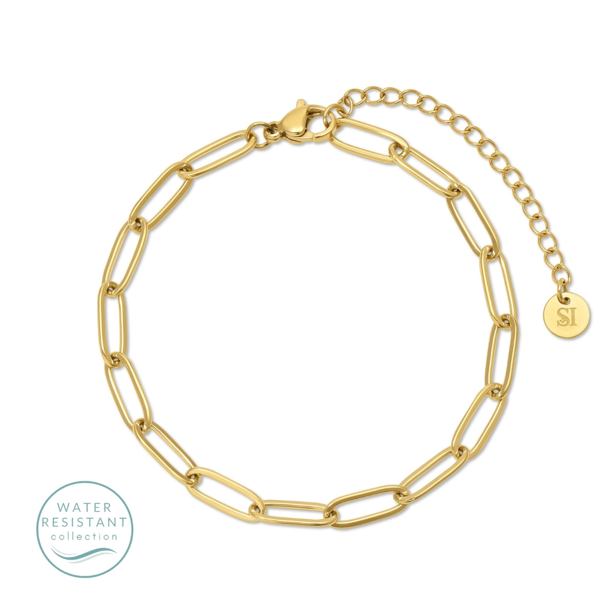 Gold chain bracelet with a small round tag on a white background