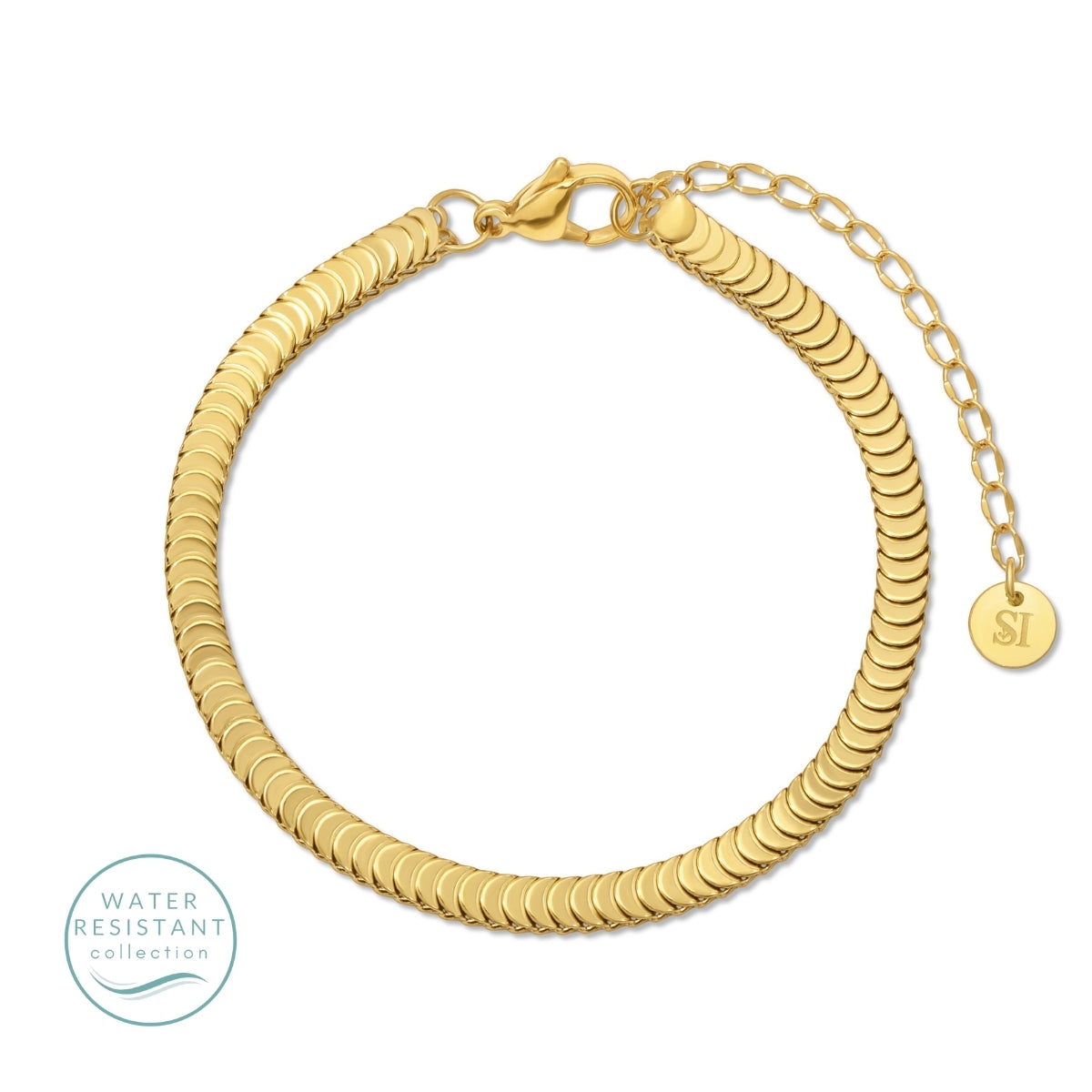 Gold bracelet with a chain and round links on a white background