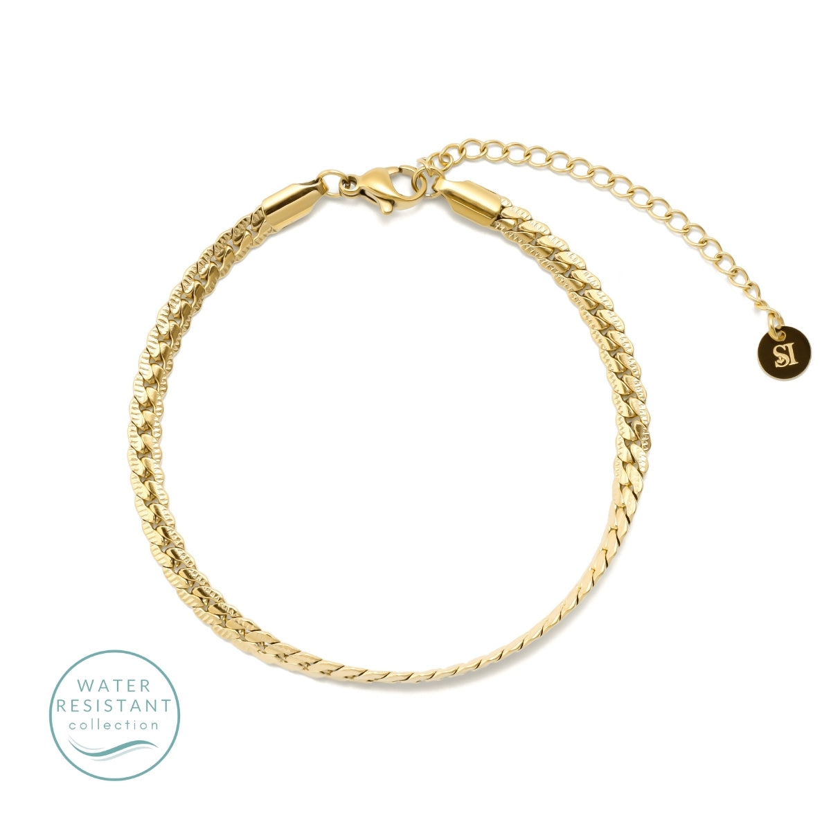 Gold bracelet on a white background with 'Water Resistant' label.