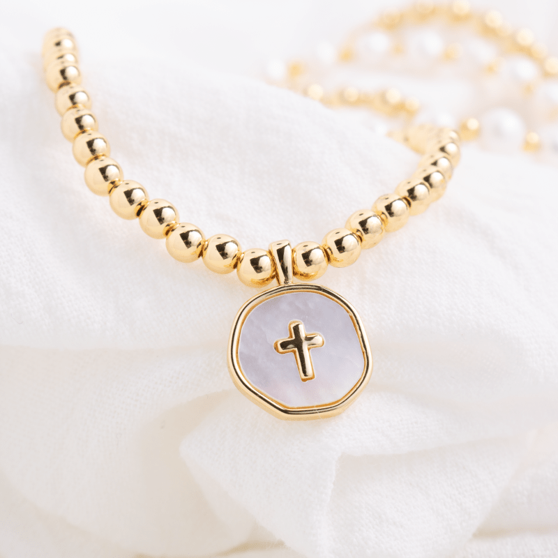 Cross Accented Shell Charm Stretch Bracelet