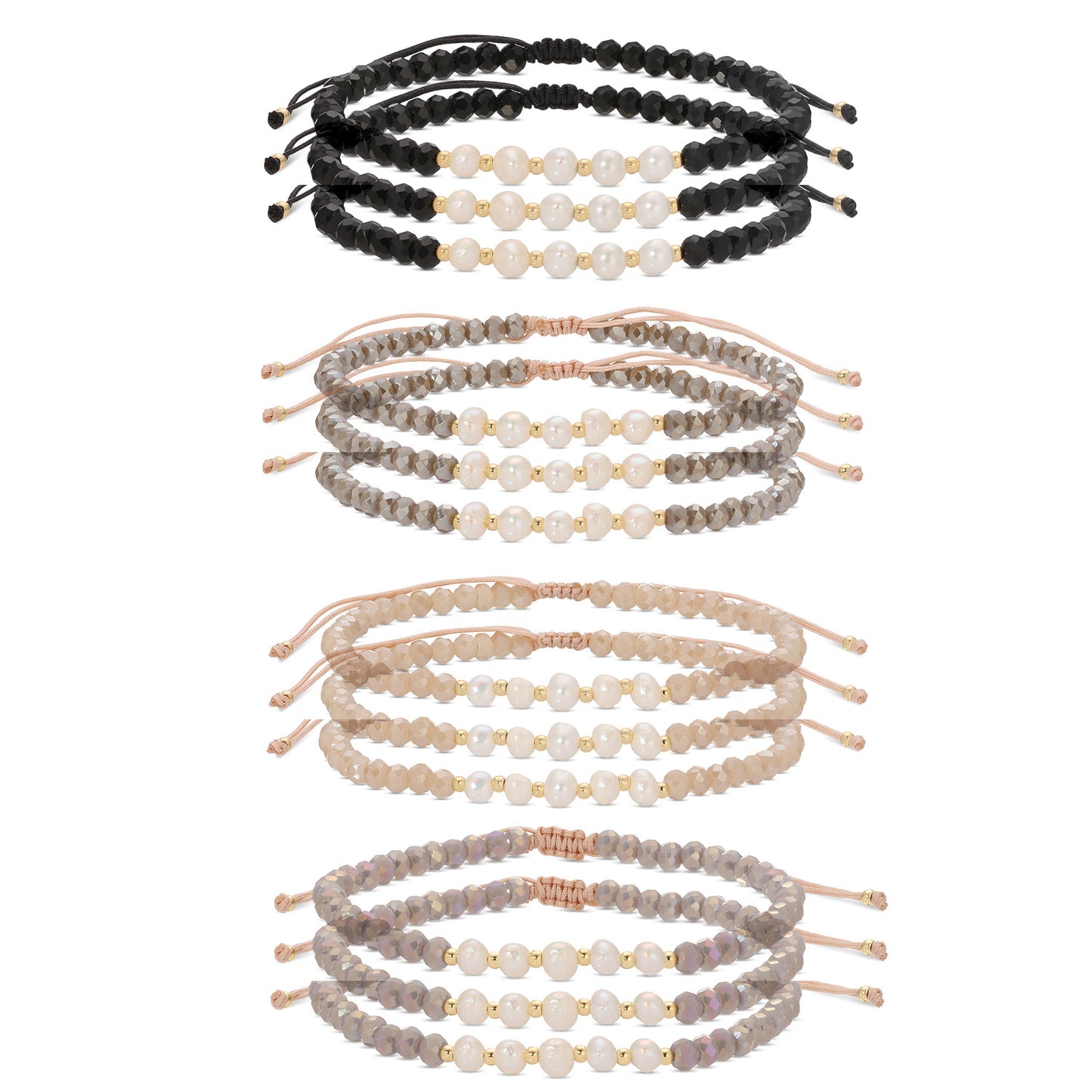 Set/12 Adjustable Crystal and Pearl Bracelets