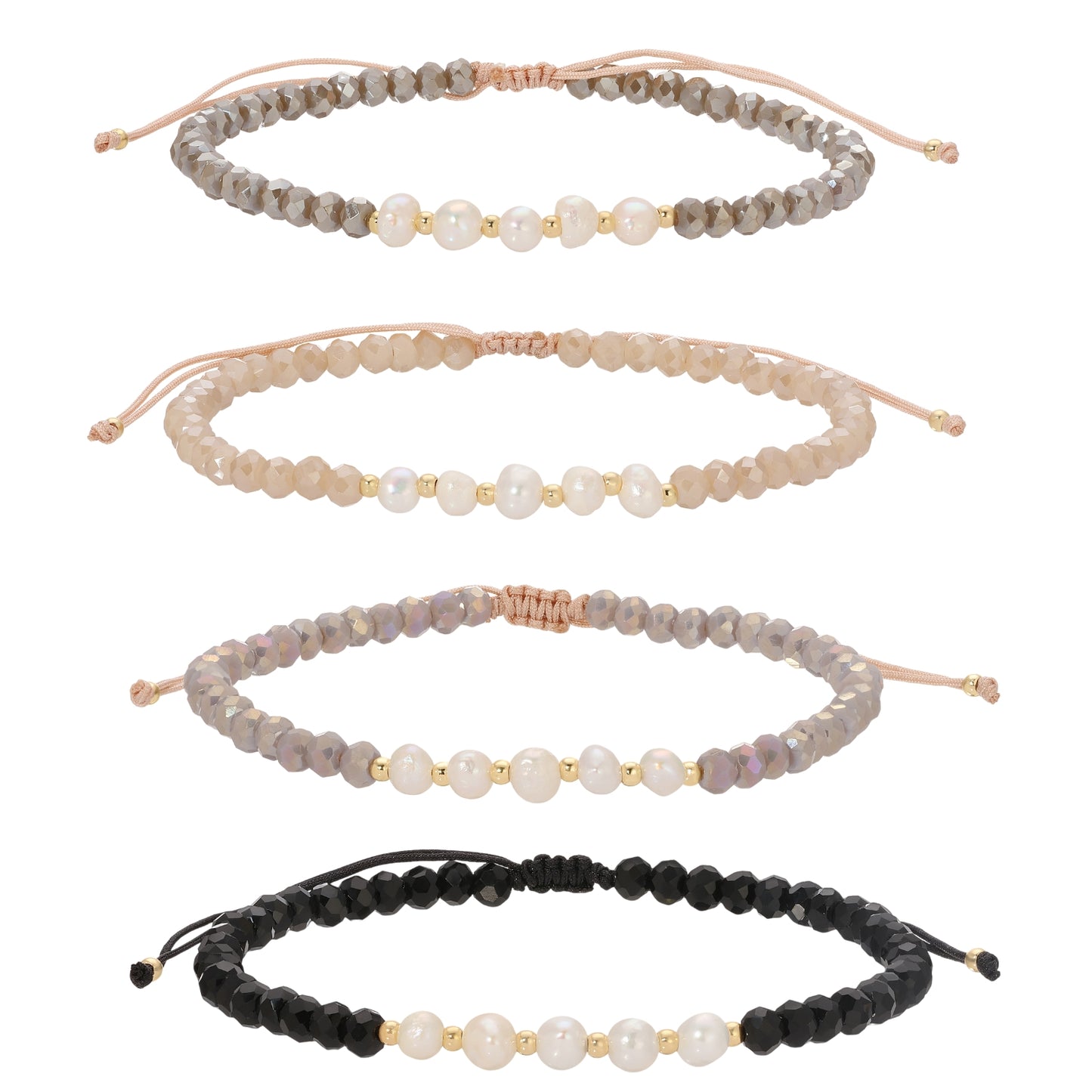 Set/12 Adjustable Crystal and Pearl Bracelets