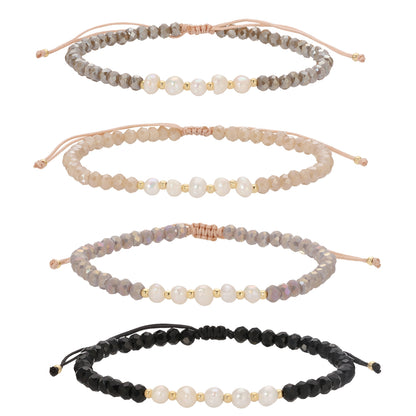 Set/12 Adjustable Crystal and Pearl Bracelets