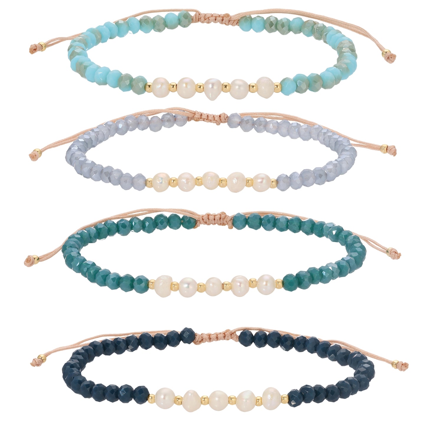 Set/12 Adjustable Crystal and Pearl Bracelets