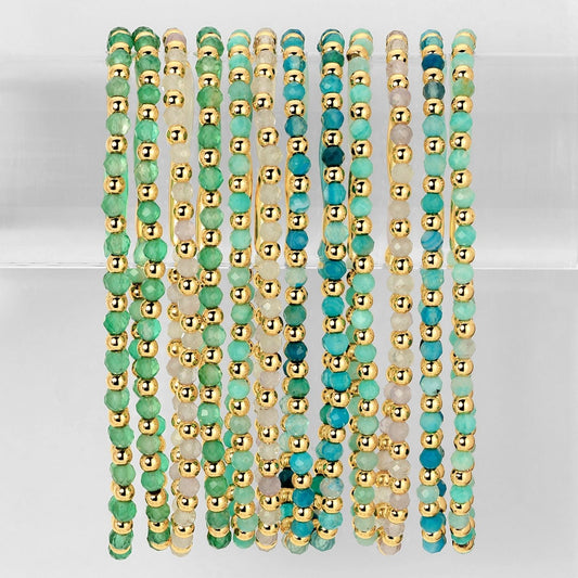 Set/12 3mm Assorted stretch beaded bracelets alternating stones