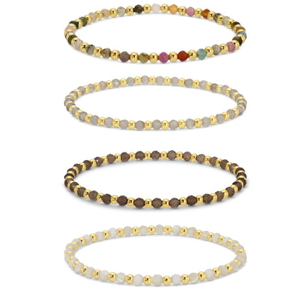 Set/12 3mm Assorted stretch beaded bracelets alternating stones