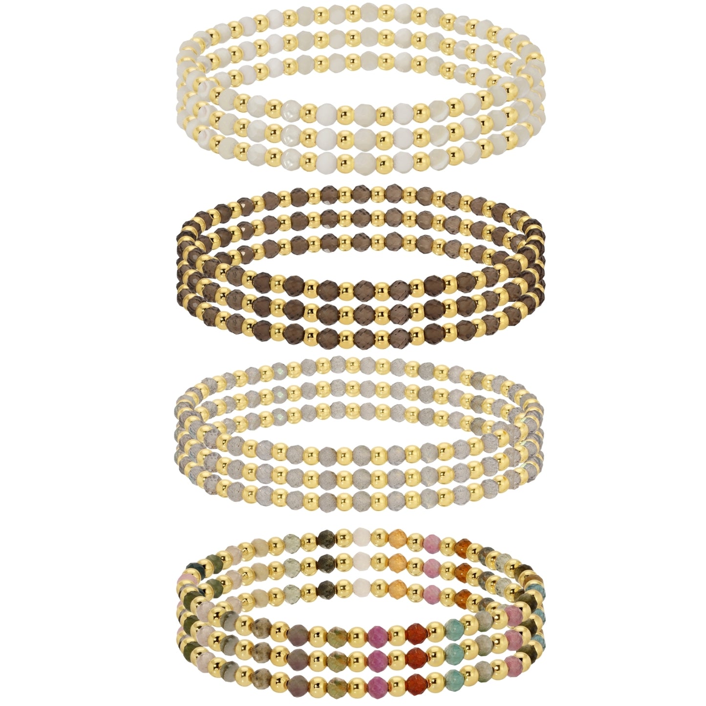 Set/12 3mm Assorted stretch beaded bracelets alternating stones
