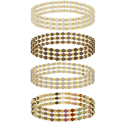 Set/12 3mm Assorted stretch beaded bracelets alternating stones