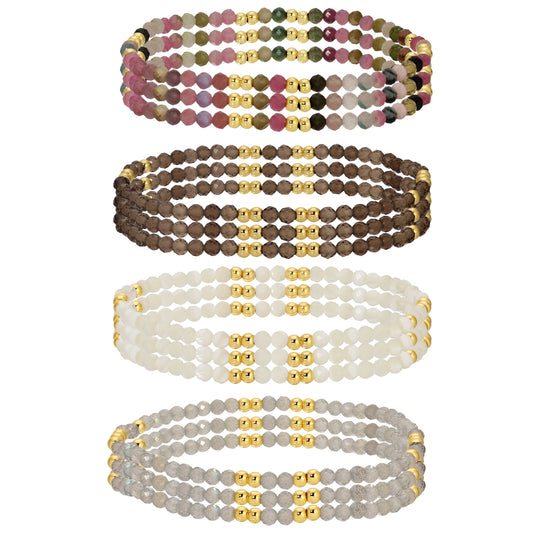 Set/12 Assorted stone or shell stretch bracelets with bead accents