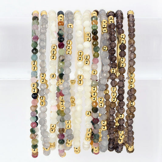 Set/12 Assorted stone or shell stretch bracelets with bead accents