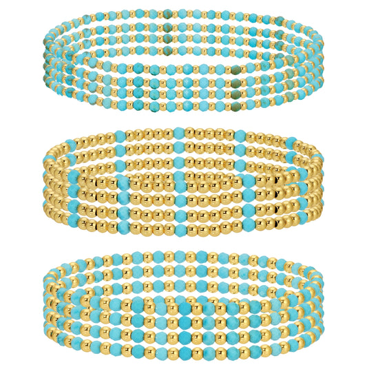 Set/12 Assorted size stone and beaded stretch bracelets: 2mm, 3mm, 4mm