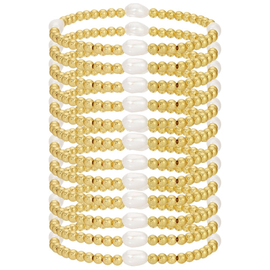 Set/12 4mm stretch bracelet with 4 medium sized pearl accents