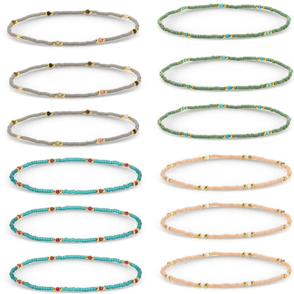 Set/12 Stone Accented Muyuki Delica Stretch Bracelets