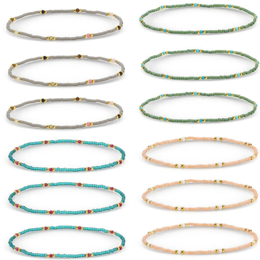 Set/12 Stone Accented Muyuki Delica Stretch Bracelets