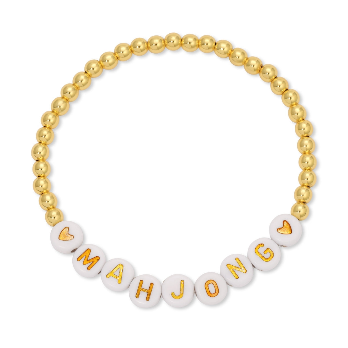 Gold beaded bracelet with 'MAH JONG' on white beads against a white background