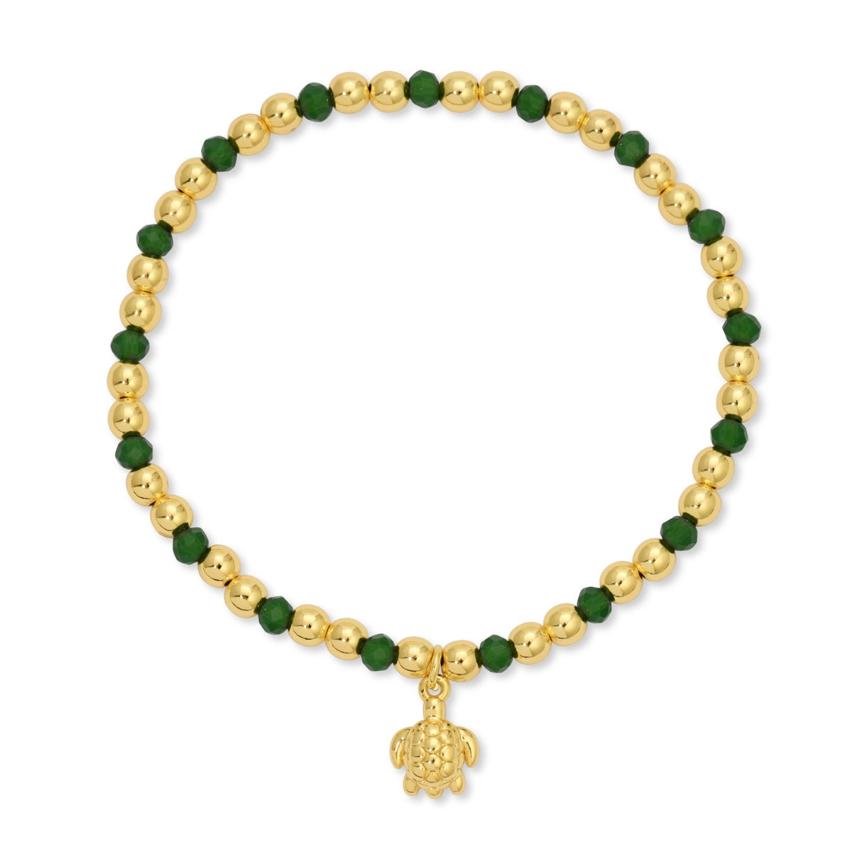 Bracelet with gold beads and a turtle charm on a white background