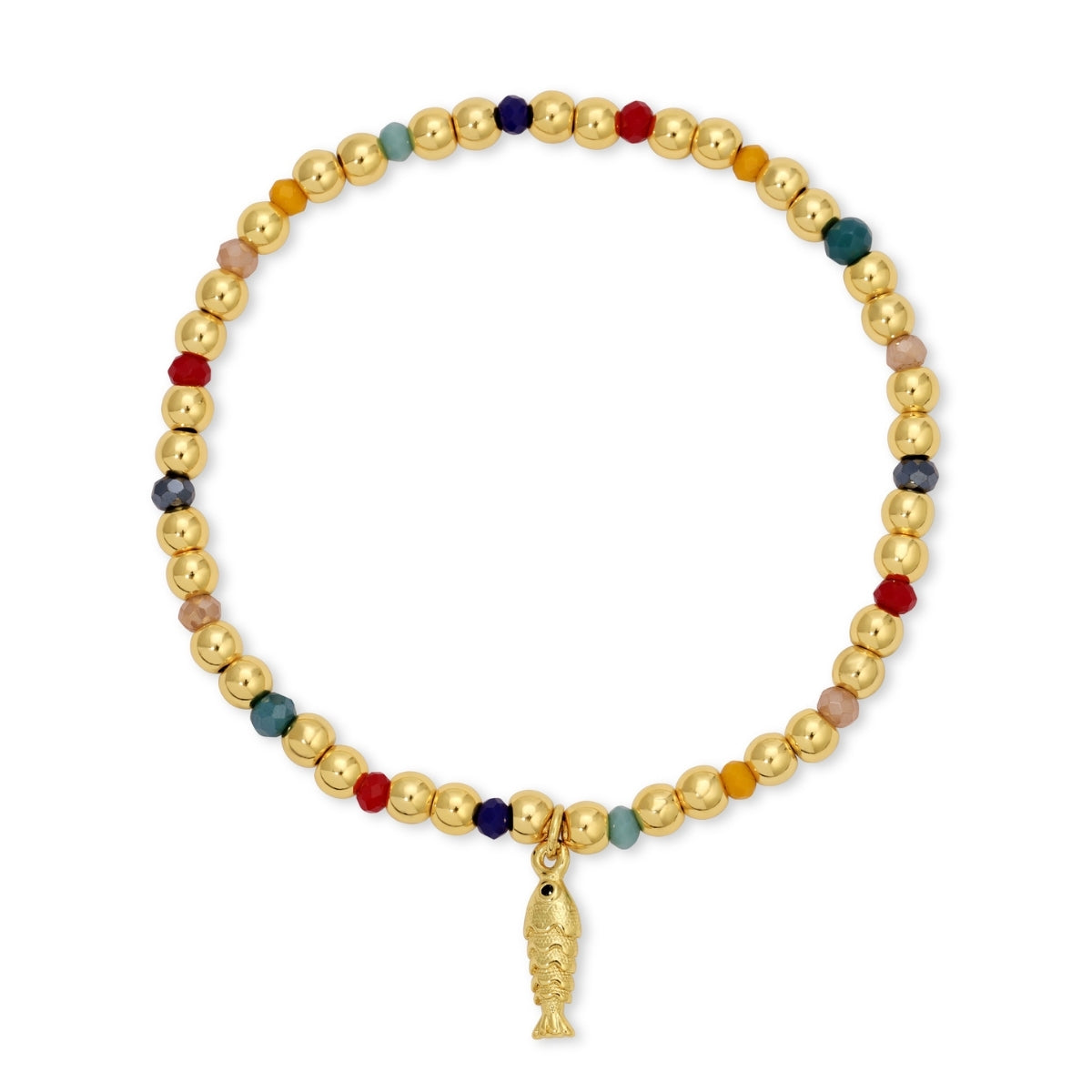 Multicolored beaded bracelet with a gold fish charm on a white background