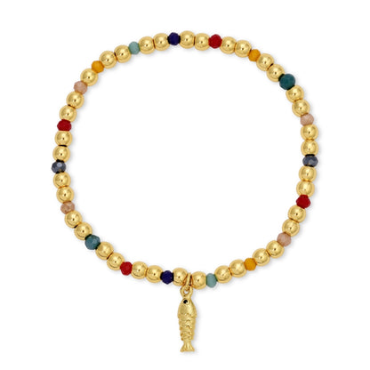 Multicolored beaded bracelet with a gold fish charm on a white background