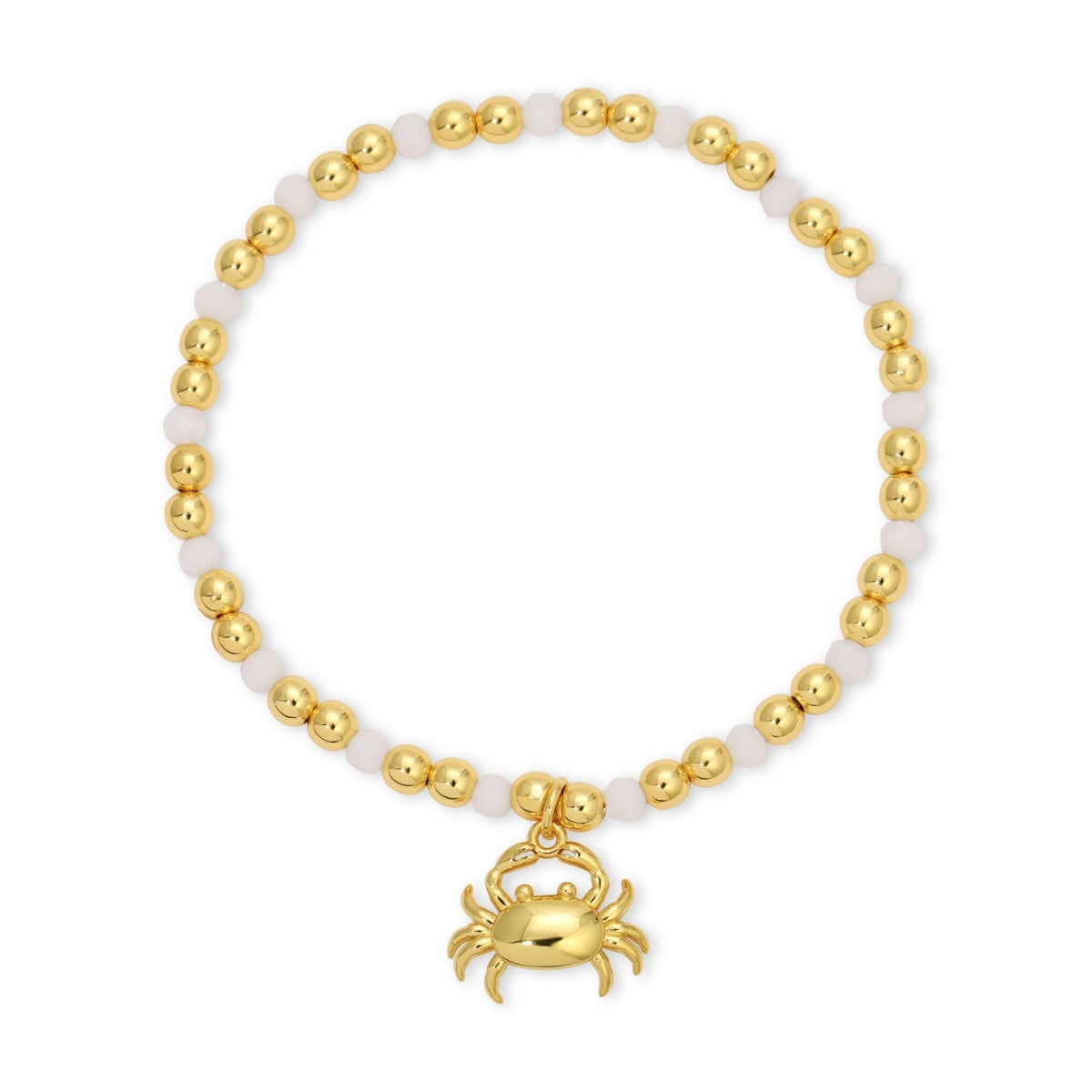 Bracelet with gold beads and a crab charm on a white background