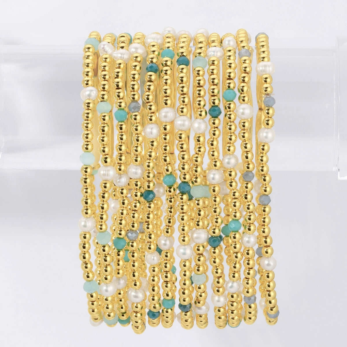 Set/12 3mm Beaded Stretch Bracelet with Small Glass Crystal and Small Pearl Accents