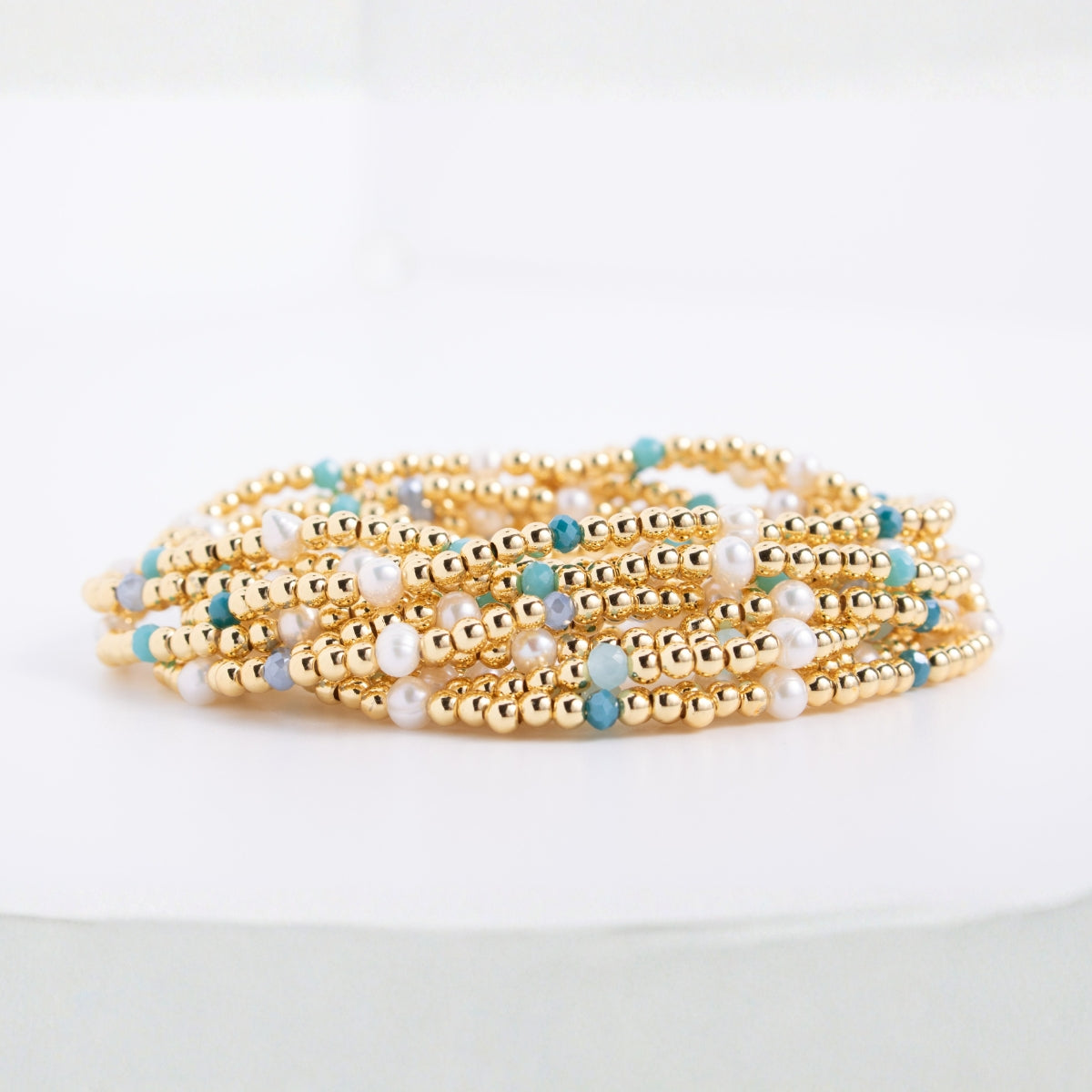 Set/12 3mm Beaded Stretch Bracelet with Small Glass Crystal and Small Pearl Accents